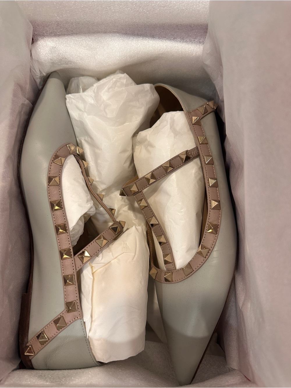 Valentino Garavani Light Gray Pointed-Toe Flats with Taupe Studded Straps